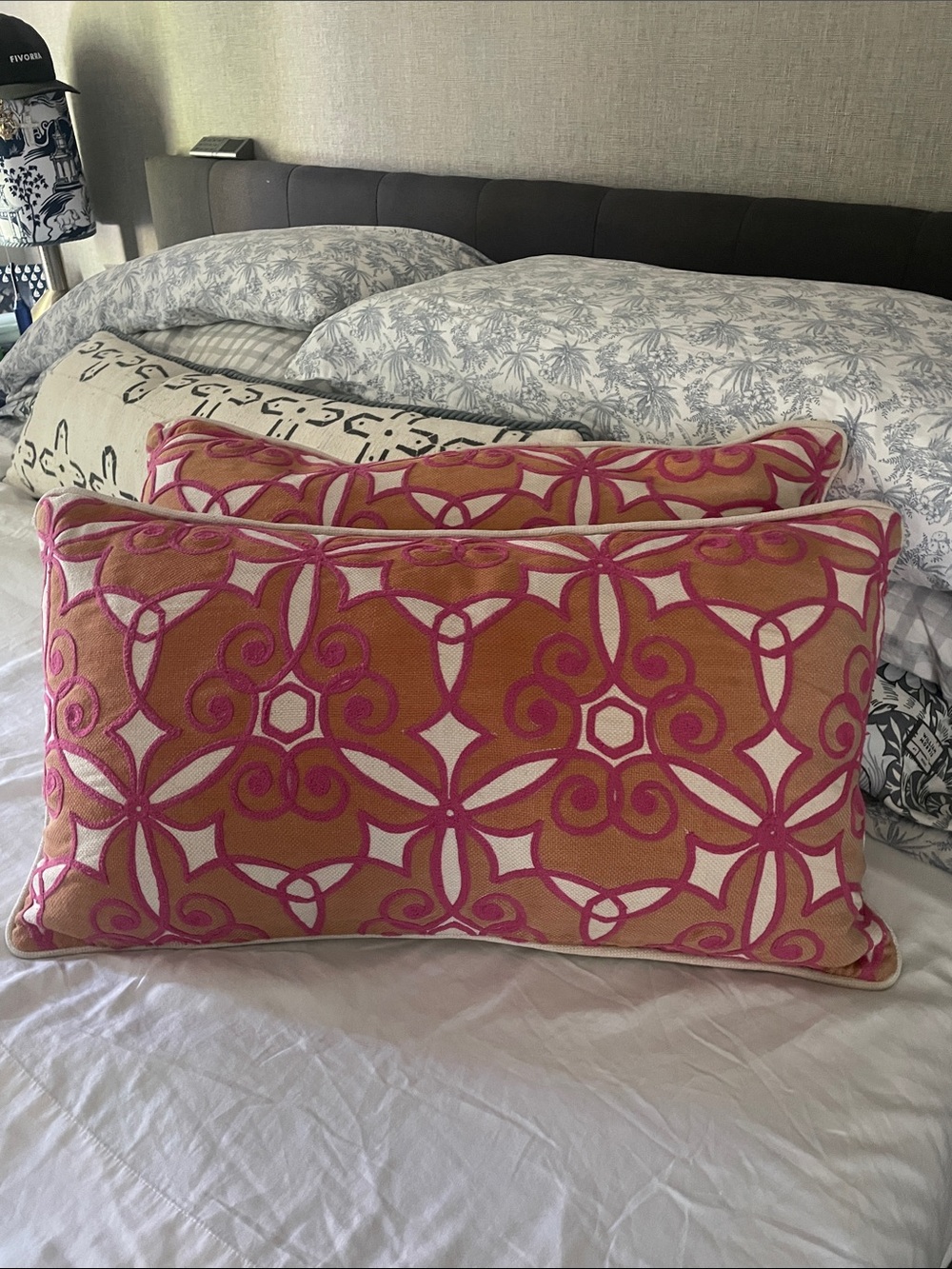 2 Pink and Orange Embroidered Lumbar Pillow Covers Villa